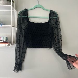 Polka dot mesh sleeve crop top